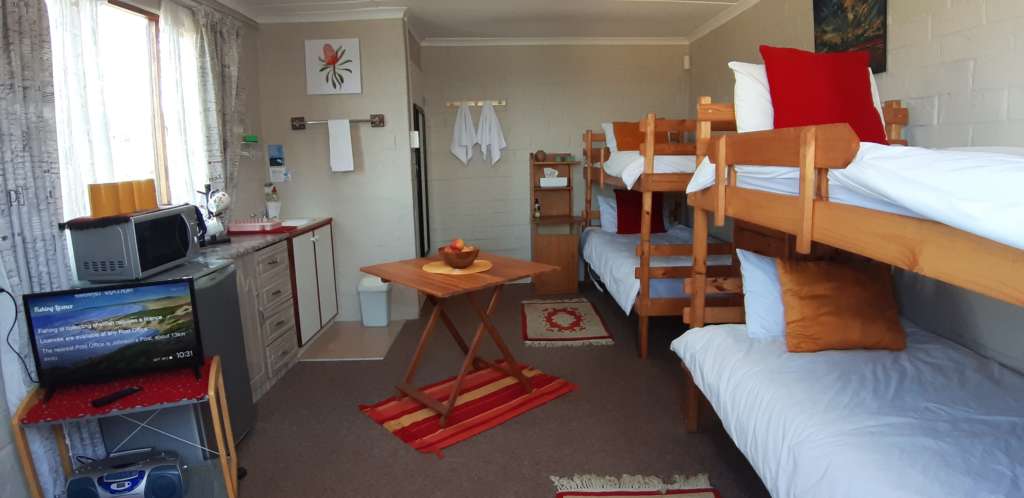 The Annex room at Fonteintjies. In the centre is a square wooden table with a bowl of fruit. Along the right hand wall are four bunk beds. In the near left corner is a TV. Beyond the TV is a small fridge with a microwave oven on it, then a kitchen cupboard, with a kitchen sink beyond that. On the left hand wall behind the fridge and cupboard is a window. In the far left, you can just make out the door to the toilet, with a mirror hanging on the door.